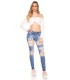 Blue mesh-embedded floral jeans