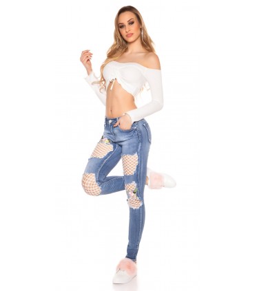 Blue mesh-embedded floral jeans