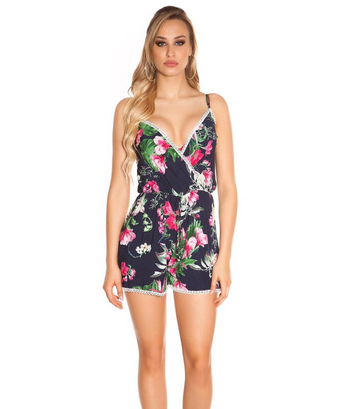 Dark blue floral patterned v-playsuit