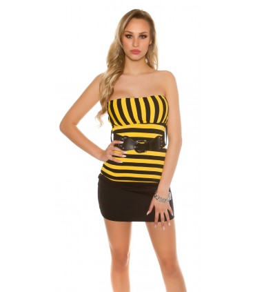 Yellow and black striped tube top with belt