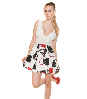 White print patterned v-skater mini dress