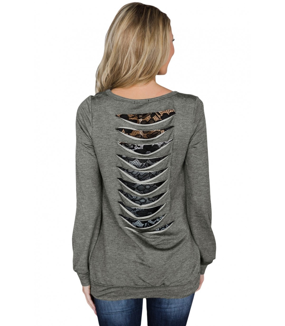 Dark grey lace-orned sweatshirt with slits