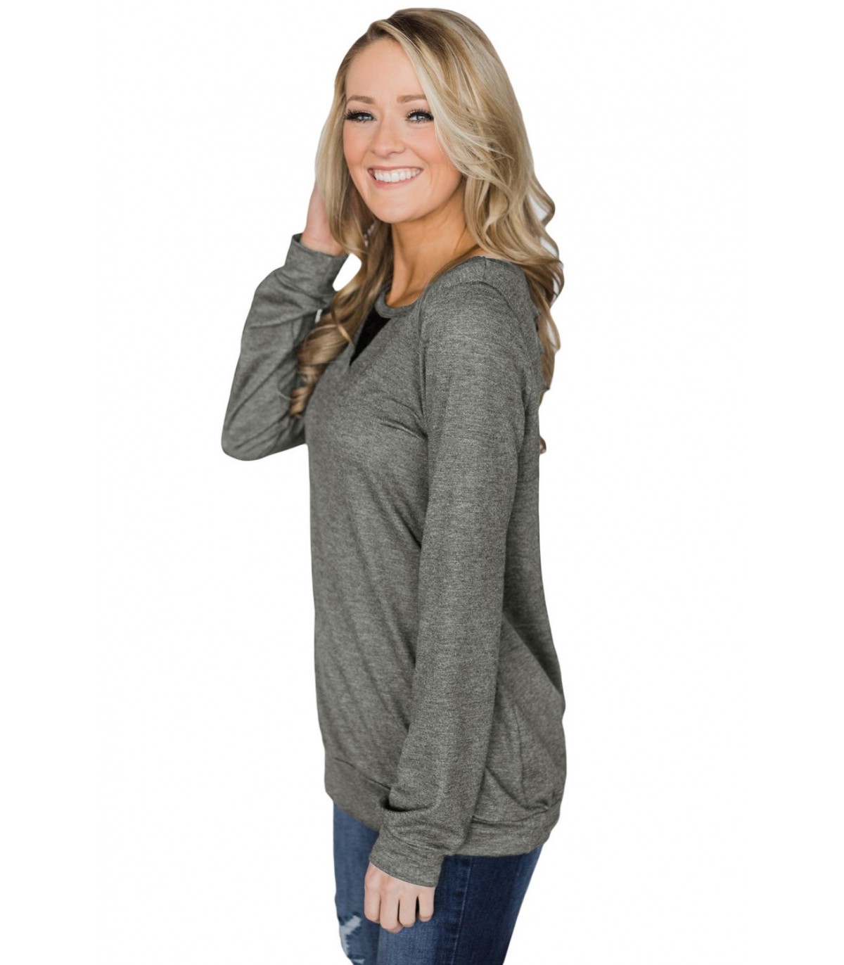 Dark grey lace-orned sweatshirt with slits