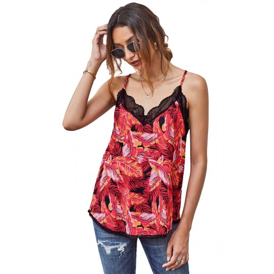 Red leaf pattern top with lace