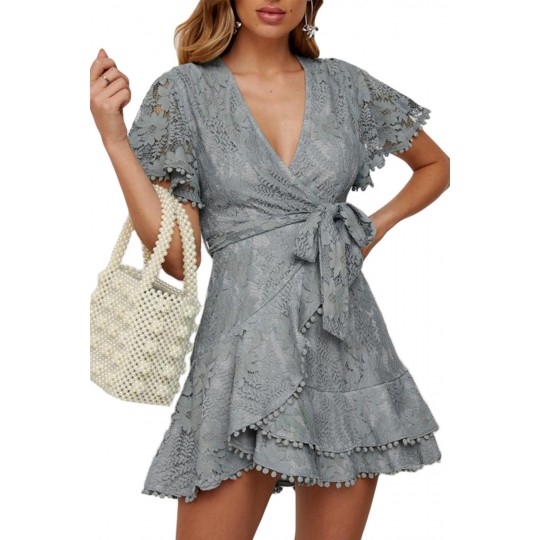 Gray lacy wrap-look v-dress...