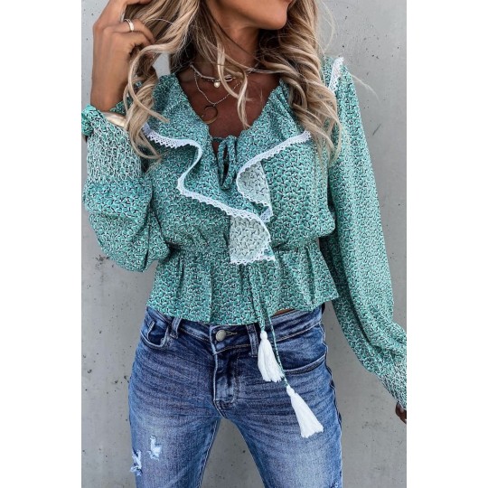 Gröntryckt kort volangblus...