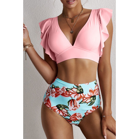 Pink rose-patterned ruffled...