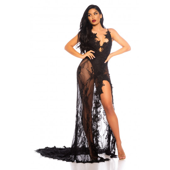 Black long lace v-body dress