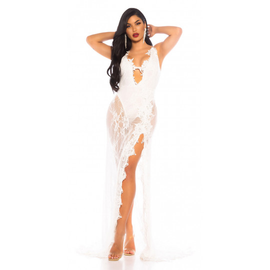 White long lace v-body dress