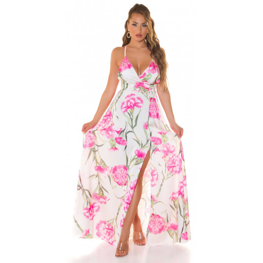 Koucla vit blommig V-maxi...