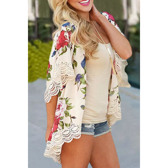 Beige rose-patterned kimono...