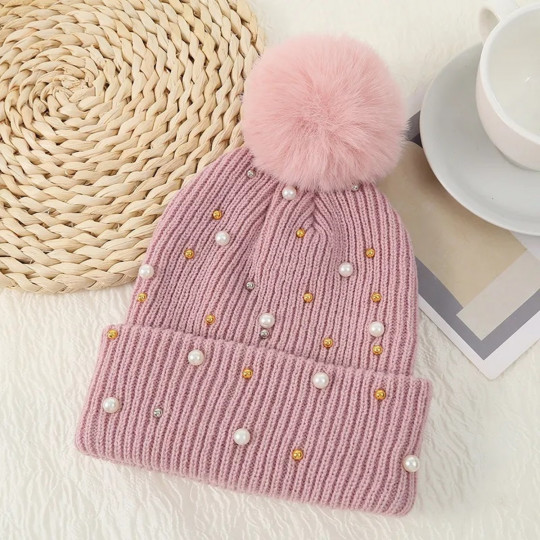 Pink beaded tassel beanie