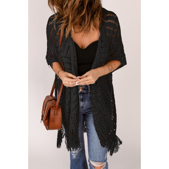 Black crocheted kimono with...