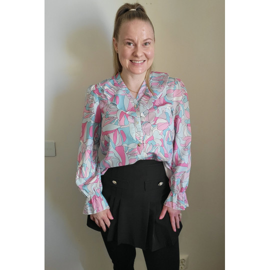 Lila/turkos blus med volanger