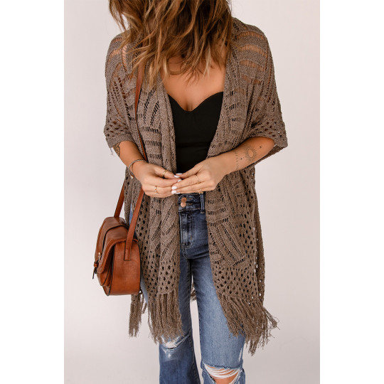 Brown crocheted kimono with...